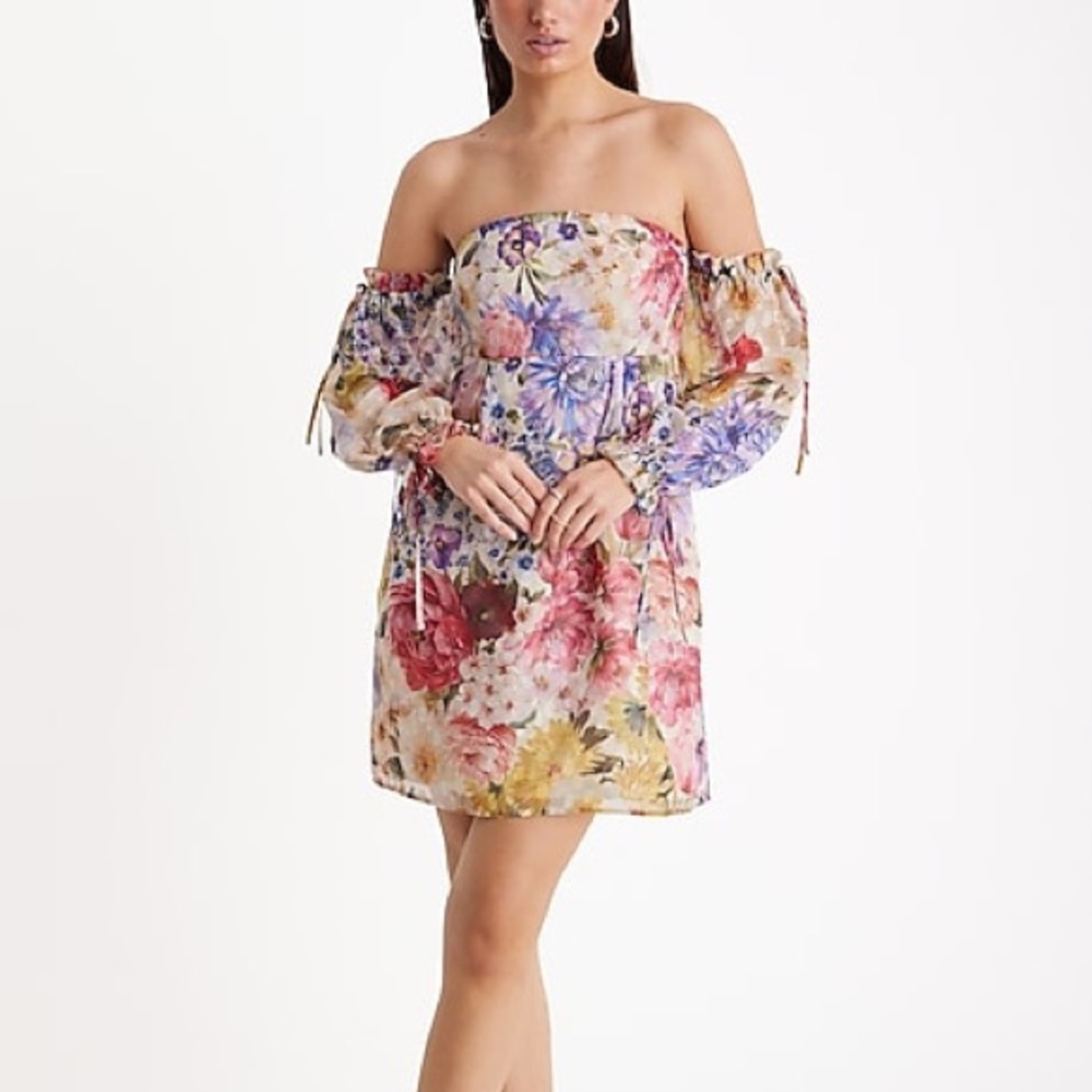 Express Floral Strapless Off The Shoulder Mini Babydoll Dress, removable sleeves